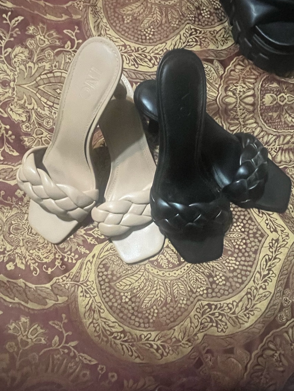 INC International Concepts Braided Square-Toe Mules in Black and Beige